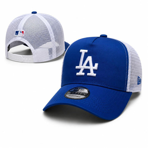 Blue and white LA trucker cap